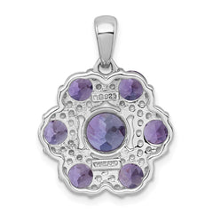 Sterling Silver Rhodium-plated Polished Amethyst and Rose de France Quartz Flower Pendant