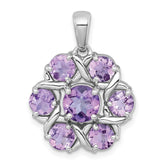 Sterling Silver Rhodium-plated Polished Amethyst and Rose de France Quartz Flower Pendant