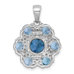 Sterling Silver Rhodium-plated Polished London Blue Topaz and Light Swiss Blue Topaz Flower Pendant