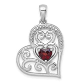 Sterling Silver Rhodium-plated Polished and Beaded Garnet Filigree Heart Pendant