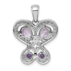Sterling Silver Rhodium-plated Polished Amethyst and Rose de France Quartz Heart Butterfly Pendant