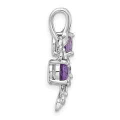 Sterling Silver Rhodium-plated Polished and Textured Amethyst and Rose de France Quartz Floral Chain Slide