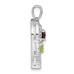 Sterling Silver Rhodium-plated Polished Garnet, Peridot and White Topaz Flower in Heart Pendant