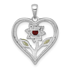 Sterling Silver Rhodium-plated Polished Garnet, Peridot and White Topaz Flower in Heart Pendant