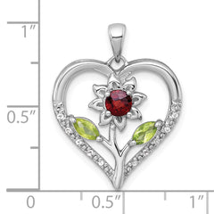 Sterling Silver Rhodium-plated Polished Garnet, Peridot and White Topaz Flower in Heart Pendant