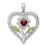 Sterling Silver Rhodium-plated Polished Garnet, Peridot and White Topaz Flower in Heart Pendant