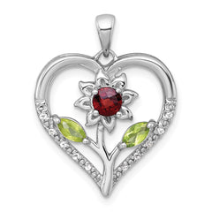 Sterling Silver Rhodium-plated Polished Garnet, Peridot and White Topaz Flower in Heart Pendant