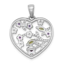 Sterling Silver Rhodium-plated Polished Amethyst and Peridot Flowers in Heart Pendant