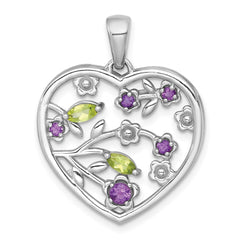 Sterling Silver Rhodium-plated Polished Amethyst and Peridot Flowers in Heart Pendant