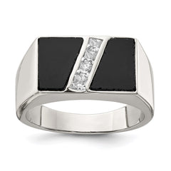 Sterling Silver Rhodium-plated Men's CZ and Onyx Ring - 11
