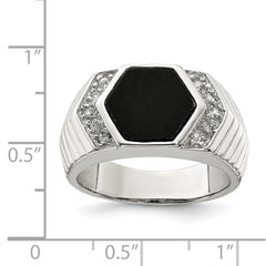Sterling Silver Rhodium-plated Men's CZ and Onyx Ring - 12