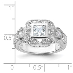 Sterling Silver Rhodium-plated CZ Antique Style Ring - 6