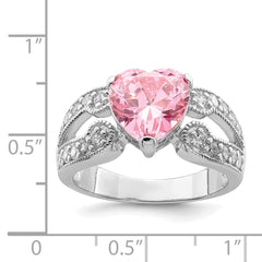 Sterling Silver Rhodium plated 10mm Clear CZ and Pink Heart CZ Ring - 3