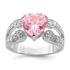 Sterling Silver Rhodium plated 10mm Clear CZ and Pink Heart CZ Ring - 3