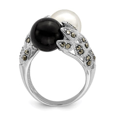 Sterling Silver Rhodium-plated Black and White Plastic Imitation Pearl Marcasite Ring - 2