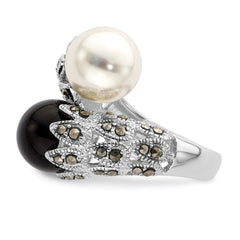 Sterling Silver Rhodium-plated Black and White Plastic Imitation Pearl Marcasite Ring - 2