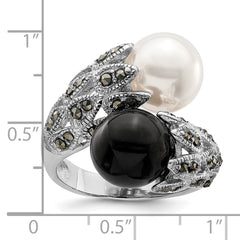 Sterling Silver Rhodium-plated Black and White Plastic Imitation Pearl Marcasite Ring - 3