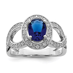 Sterling Silver Rhodium-plated Dark Blue Glass and CZ Ring - 2