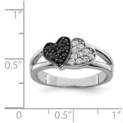 Sterling Silver Rhodium Clear & Black CZ Hearts Ring - 3
