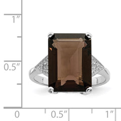Sterling Silver Rhodium Smoky Quartz & Diamond Ring - 9