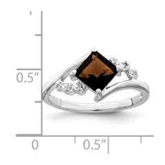 Sterling Silver Rhodium Princess-cut Smoky Quartz & Diamond Ring - 2