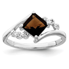 Sterling Silver Rhodium Princess-cut Smoky Quartz & Diamond Ring - 2