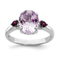 Sterling Silver Rhodium Pink Quartz & Rhodolite Garnet Ring - 6