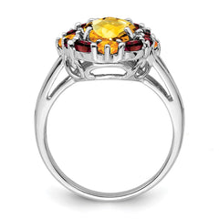 Sterling Silver Rhodium Citrine & Garnet Ring - 5