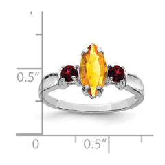 Sterling Silver Rhodium Citrine & Garnet Ring - 6