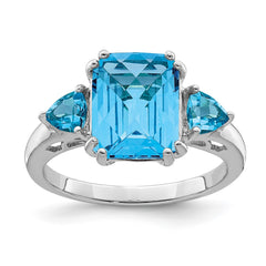 Sterling Silver Rhodium Checker-Cut Blue Topaz Ring - 10