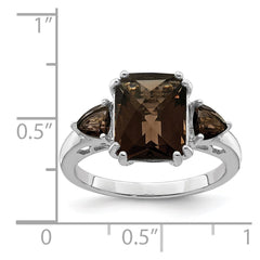 Sterling Silver Rhodium Octagonal Checker-Cut Smoky Quartz Ring