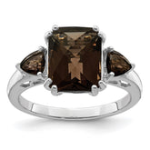 Sterling Silver Rhodium Checker-Cut Smoky Quartz Ring - 5