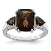 Sterling Silver Rhodium Checker-Cut Smoky Quartz Ring