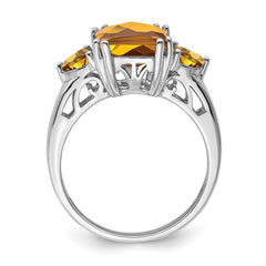 Sterling Silver Rhodium Octagonal Checker-Cut Whiskey Quartz Ring
