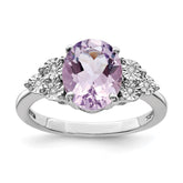 Sterling Silver Rhodium Diam. & Oval Pink Quartz Ring