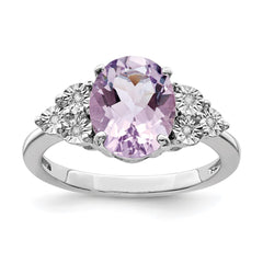 Sterling Silver Rhodium Diam. & Pink Quartz Ring - 5