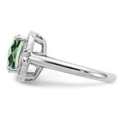 Sterling Silver Rhodium Diam. & Checker-Cut Green Quartz Ring - 6