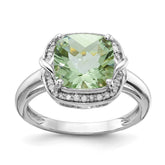 Sterling Silver Rhodium Diam. & Checker-Cut Green Quartz Ring - 5