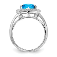 Sterling Silver Rhodium Diam. & Checker-Cut Blue Topaz Ring - 2