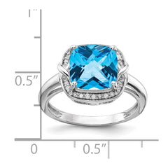 Sterling Silver Rhodium Diam. & Checker-Cut Blue Topaz Ring - 5