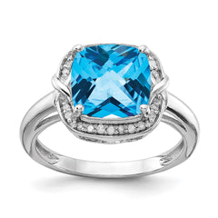 Sterling Silver Rhodium Diam. & Checker-Cut Blue Topaz Ring - 2