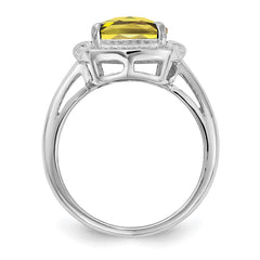 Sterling Silver Rhodium Diam. & Checker-Cut Lemon Quartz Ring - 6