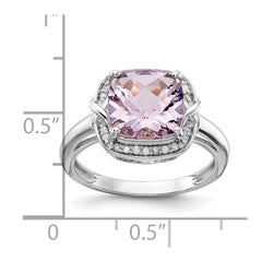 Sterling Silver Rhodium Diam. & Checker-Cut Pink Quartz Ring - 7