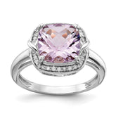 Sterling Silver Rhodium Diam. & Checker-Cut Pink Quartz Ring - 6