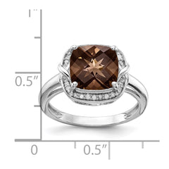 Sterling Silver Rhodium Diam. & Checker-Cut Smoky Quartz Ring - 7