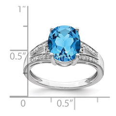 Sterling Silver Rhodium Diam. & Oval Blue Topaz Ring - 2