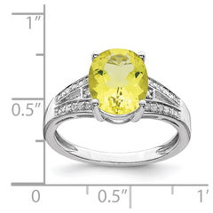 Sterling Silver Rhodium Diam. & Lemon Quartz Ring - 10