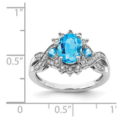 Sterling Silver Rhodium Diam. & Oval Blue Topaz Ring - 3