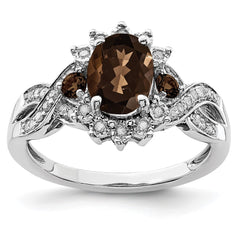 Sterling Silver Rhodium Diam. & Smoky Quartz Ring - 40