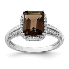 Sterling Silver Rhodium Diam. & Smoky Quartz Ring - 10
